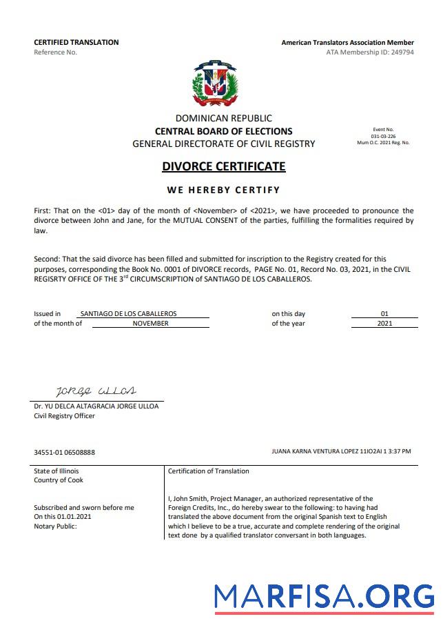 Downloadable Dominican Republic divorce certificate template in Word format